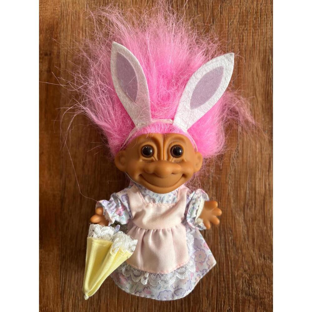 Troll Doll Vintage Easter Bunny Troll 5” Pink Hair Bunny Ears Easter Dress  5”